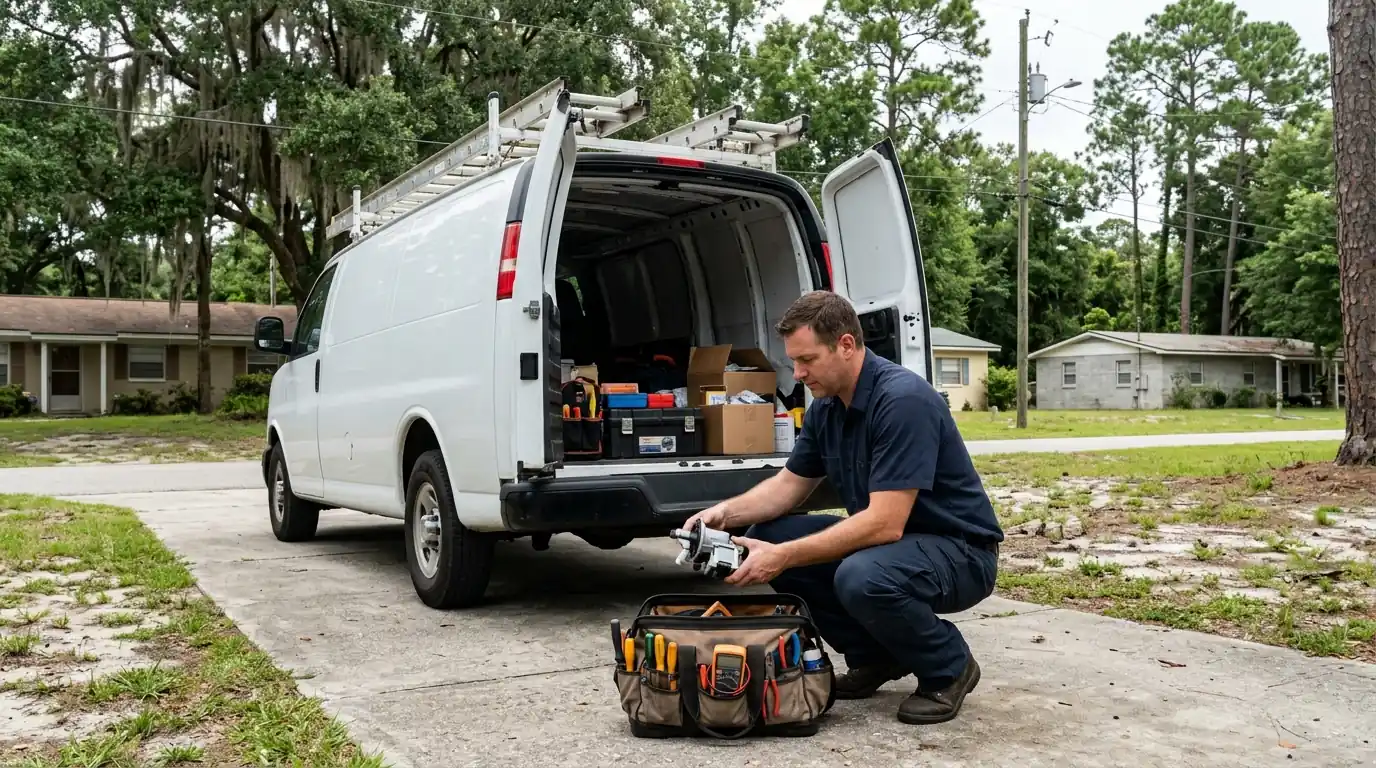 Duval Appliance technician preparing parts for a service call