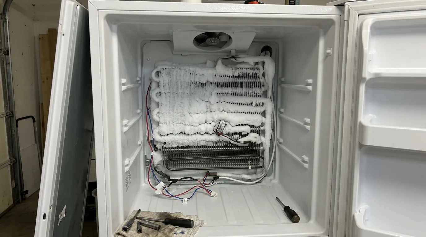 Frosted evaporator coil behind an upright freezer panel