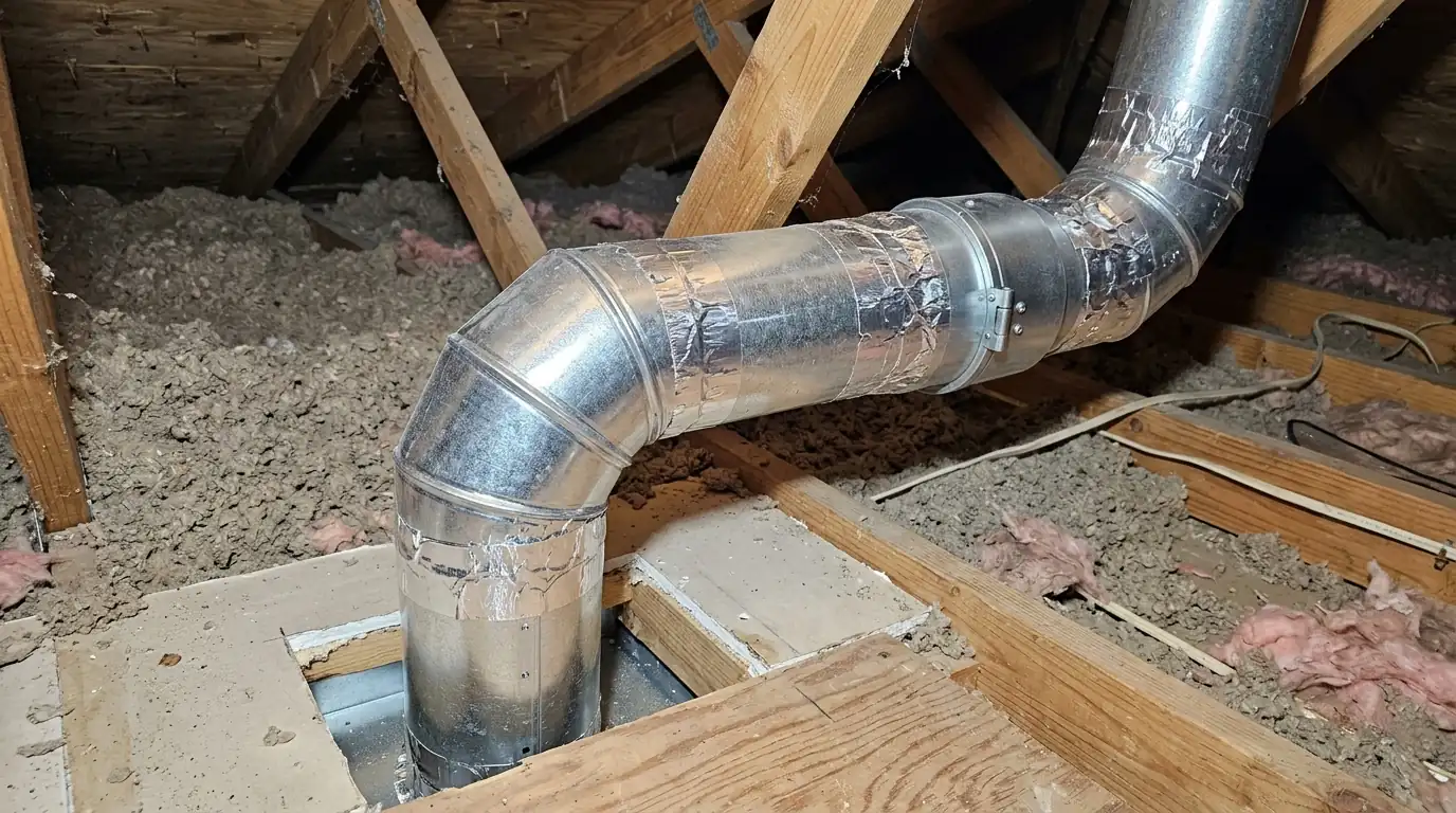 Rigid range hood duct with taped joints in an attic