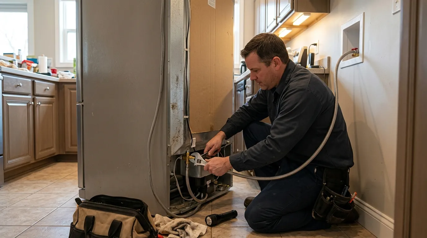 Braided water line connected to a refrigerator inlet valve
