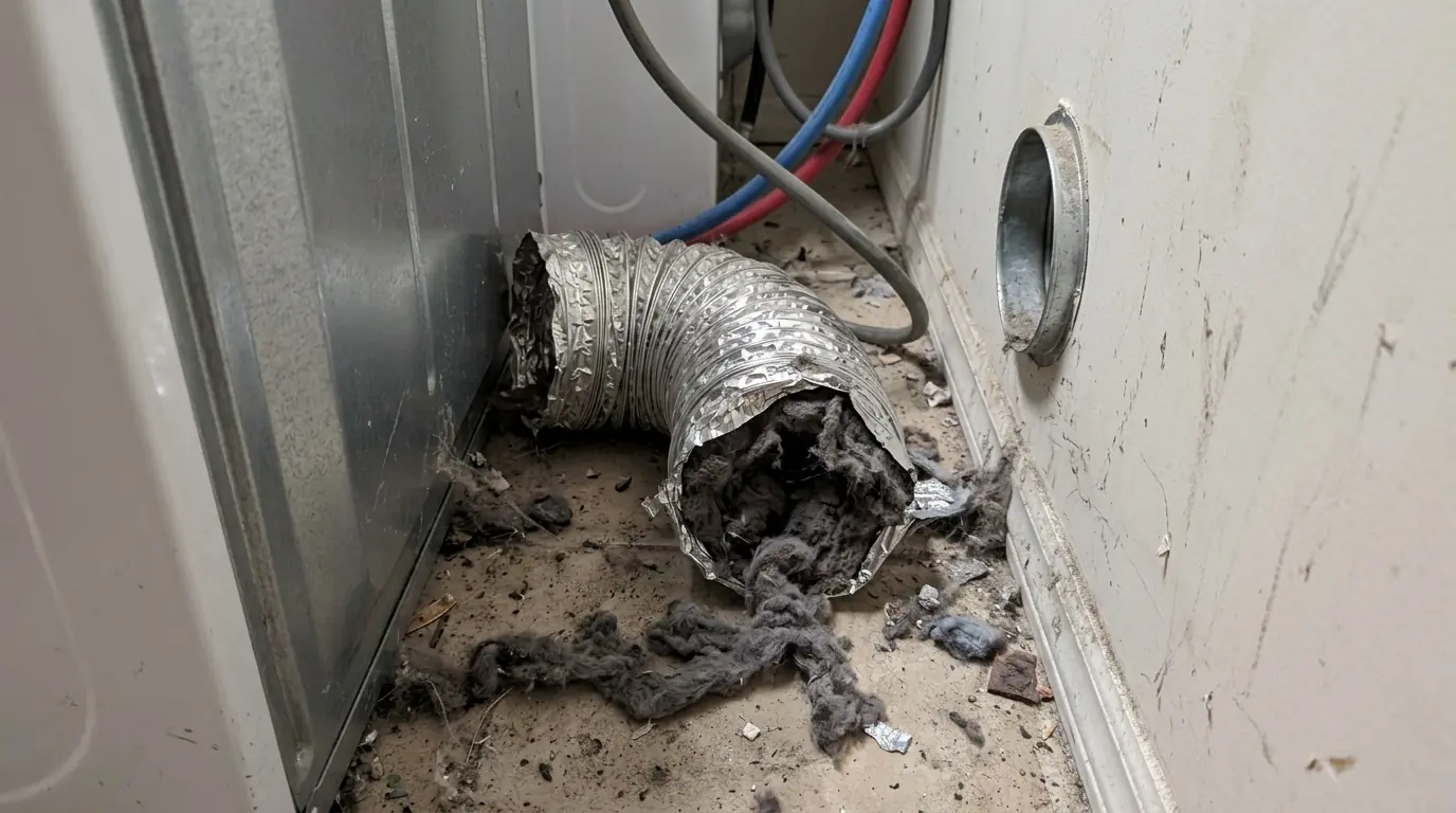 Crushed foil dryer hose packed with lint