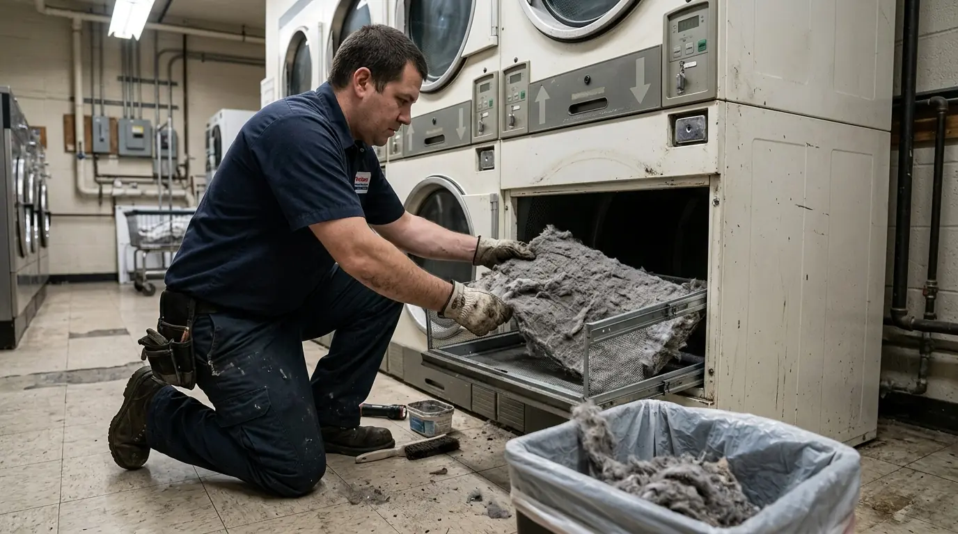 Commercial dryer lint compartment being cleaned