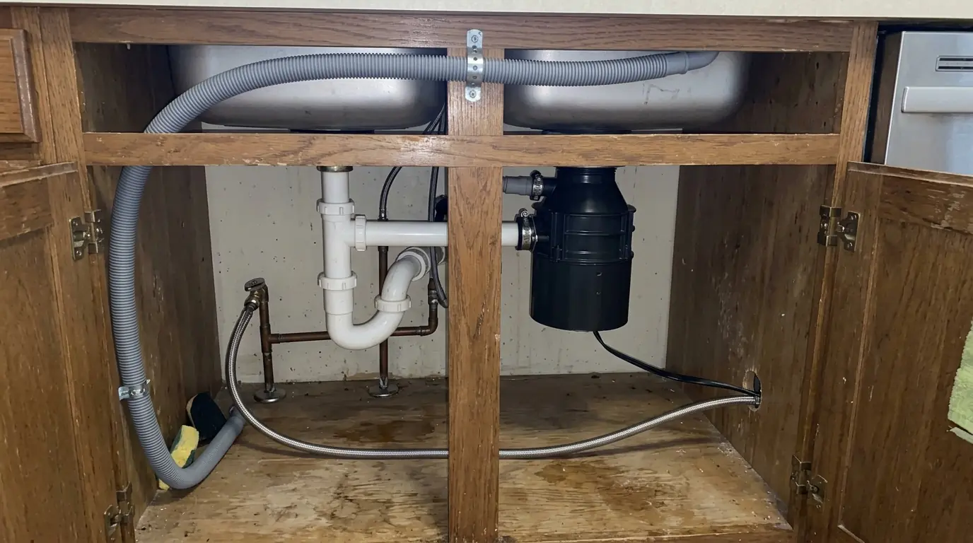 Dishwasher drain high loop and supply line under a sink