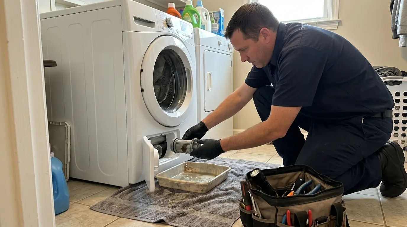 Front-load washer drain pump filter being cleaned in Jacksonville