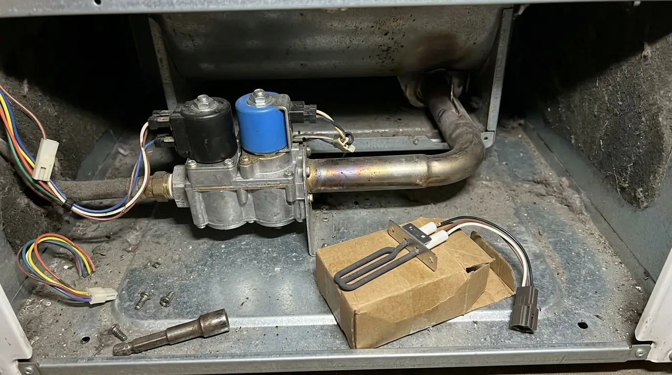 Gas dryer valve coils and igniter beside the burner assembly