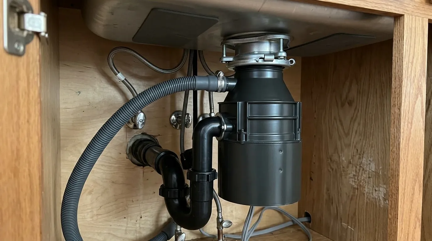 Replacement garbage disposal with the dishwasher hose connected