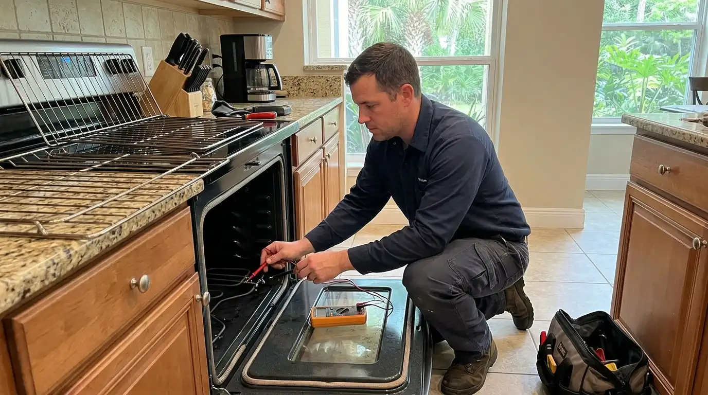 Bake element being tested during oven repair in Jacksonville