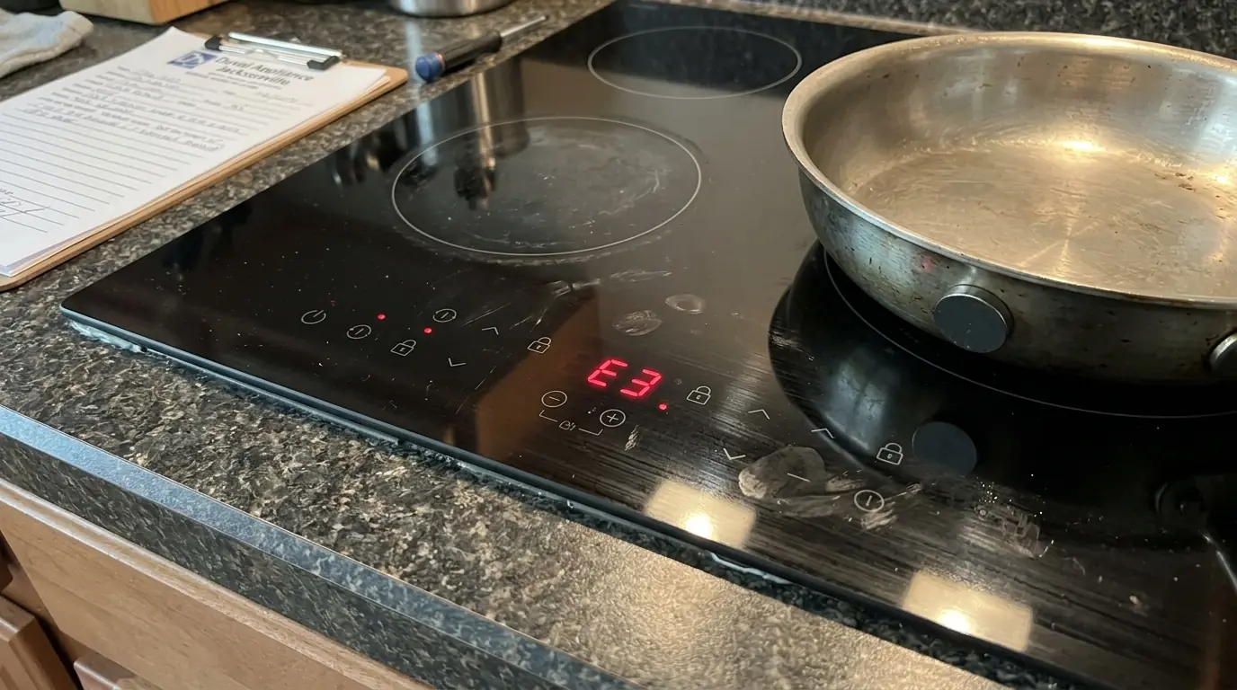 Induction cooktop error code display beside a magnetic pan test