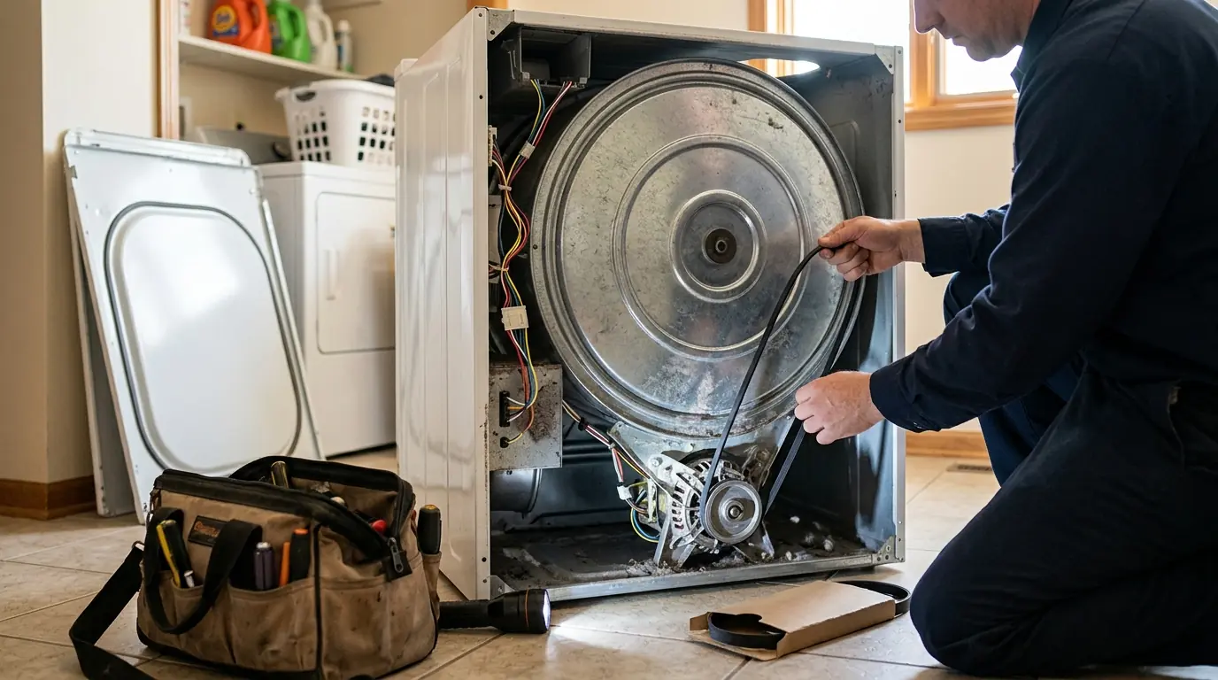 Technician replacing a dryer drum belt in a Jacksonville laundry room