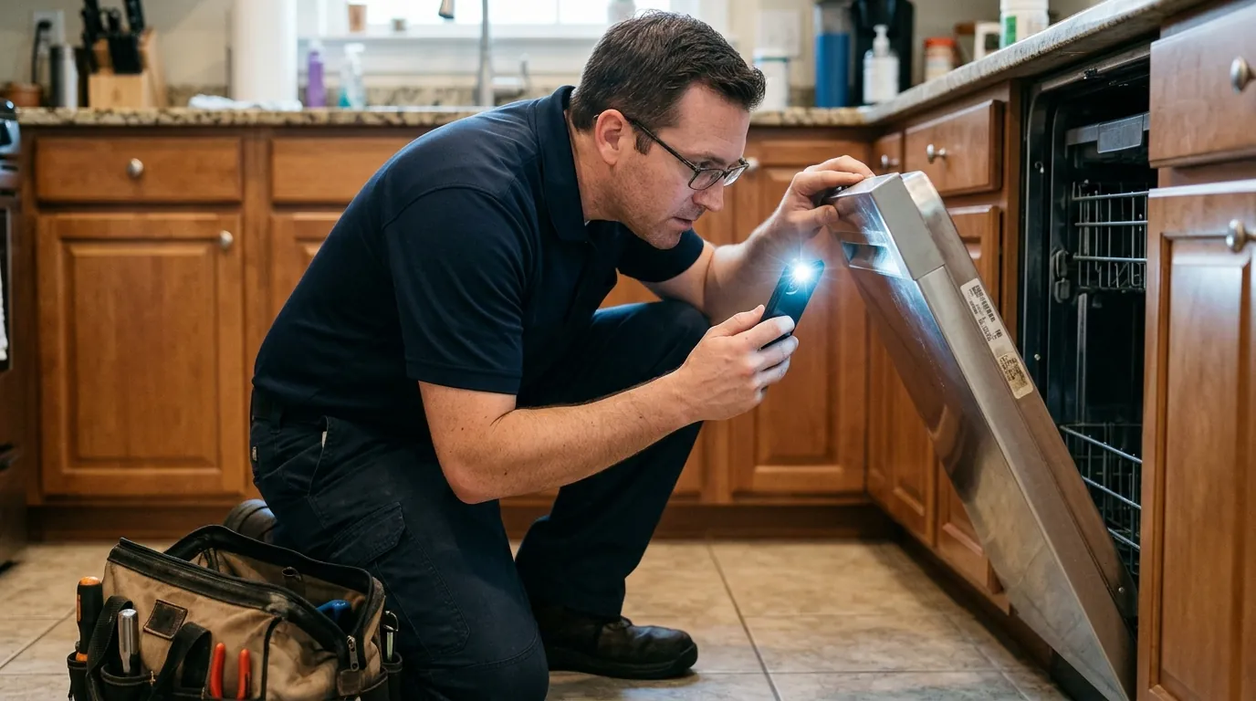 Reading a dishwasher model tag on the door edge