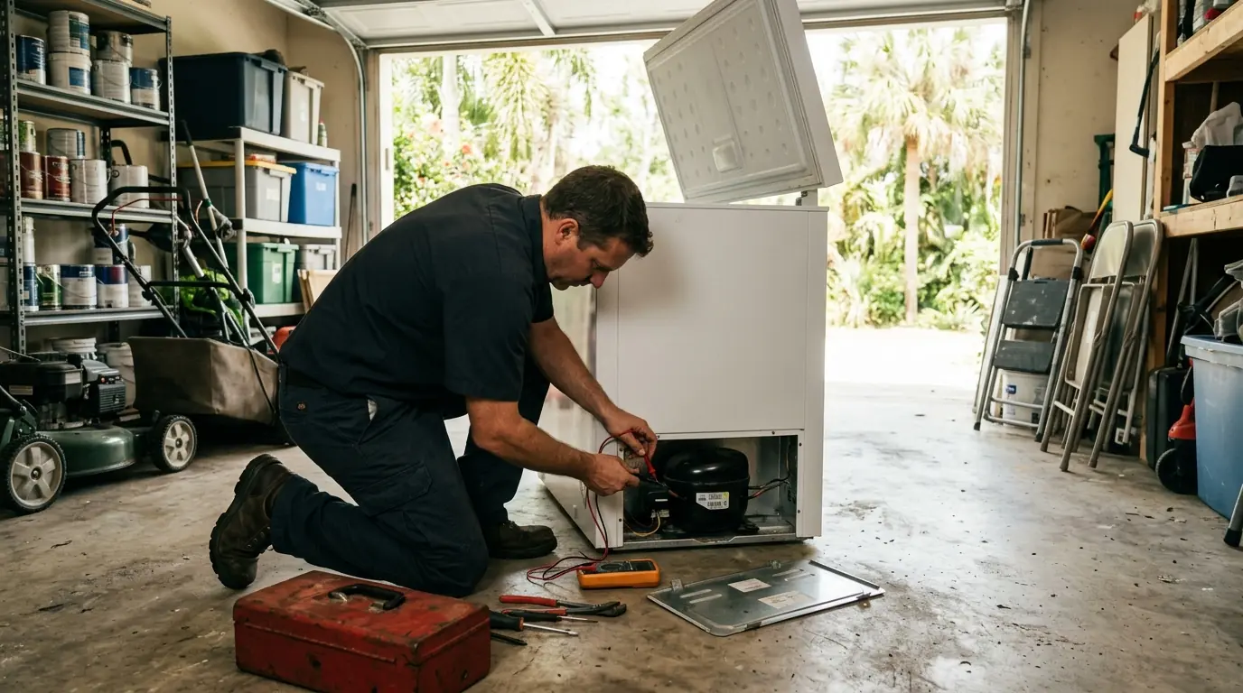 Chest freezer start relay being tested in a Jacksonville garage