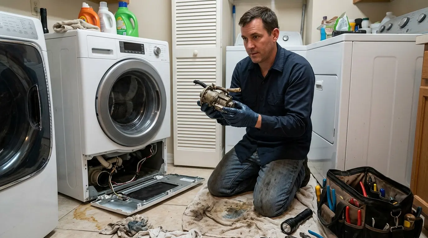 Worn washer drain pump beside an open front-load washer