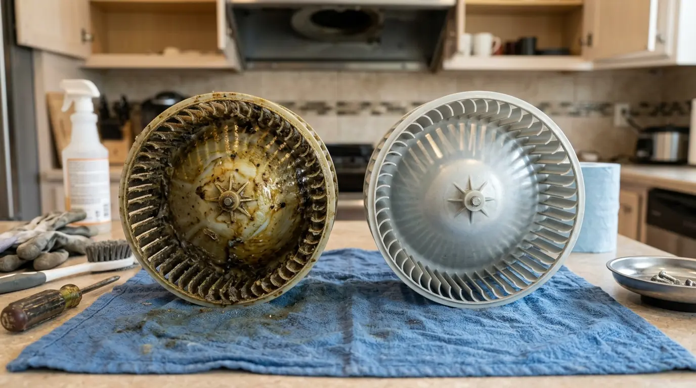 Greasy and cleaned range hood blower wheels side by side