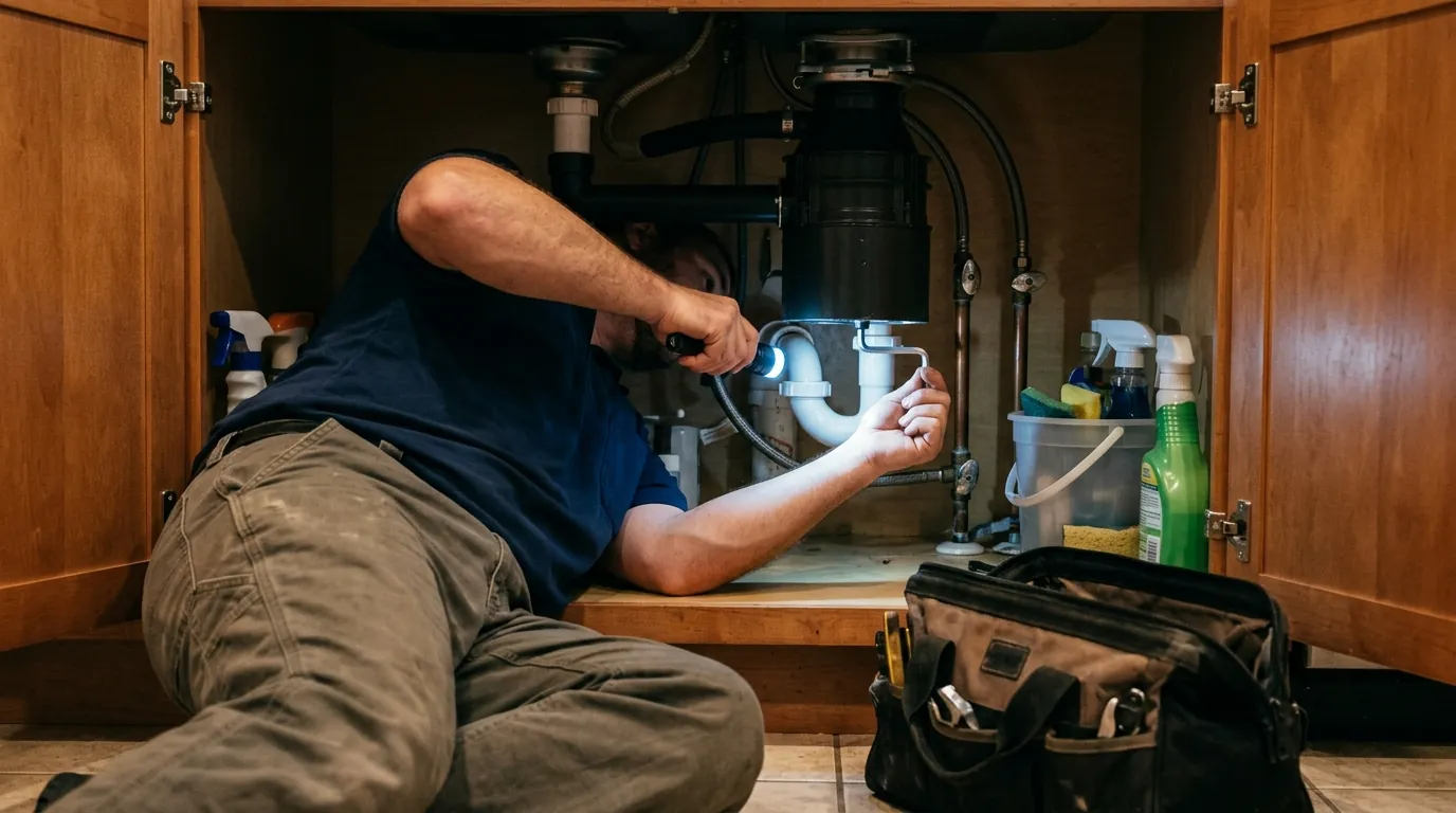 Jammed garbage disposal being freed under a Jacksonville kitchen sink