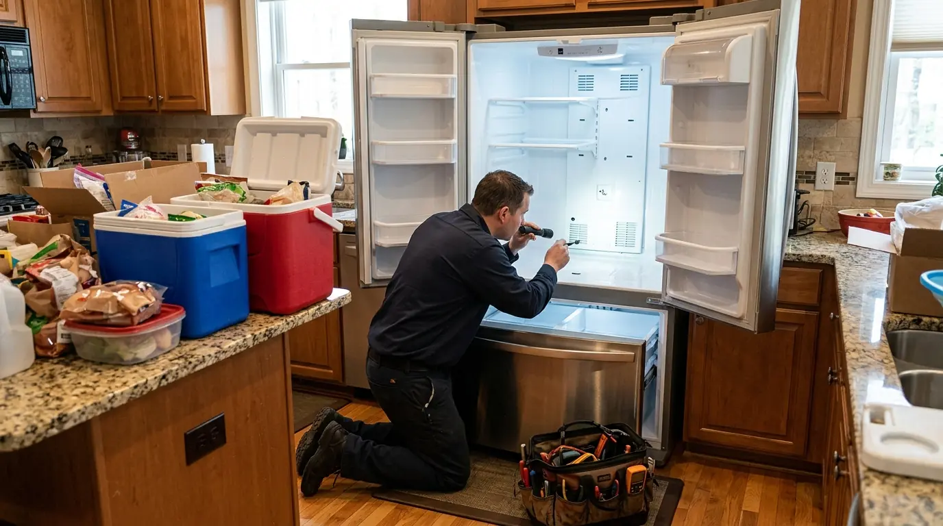 Technician checking a refrigerator evaporator panel