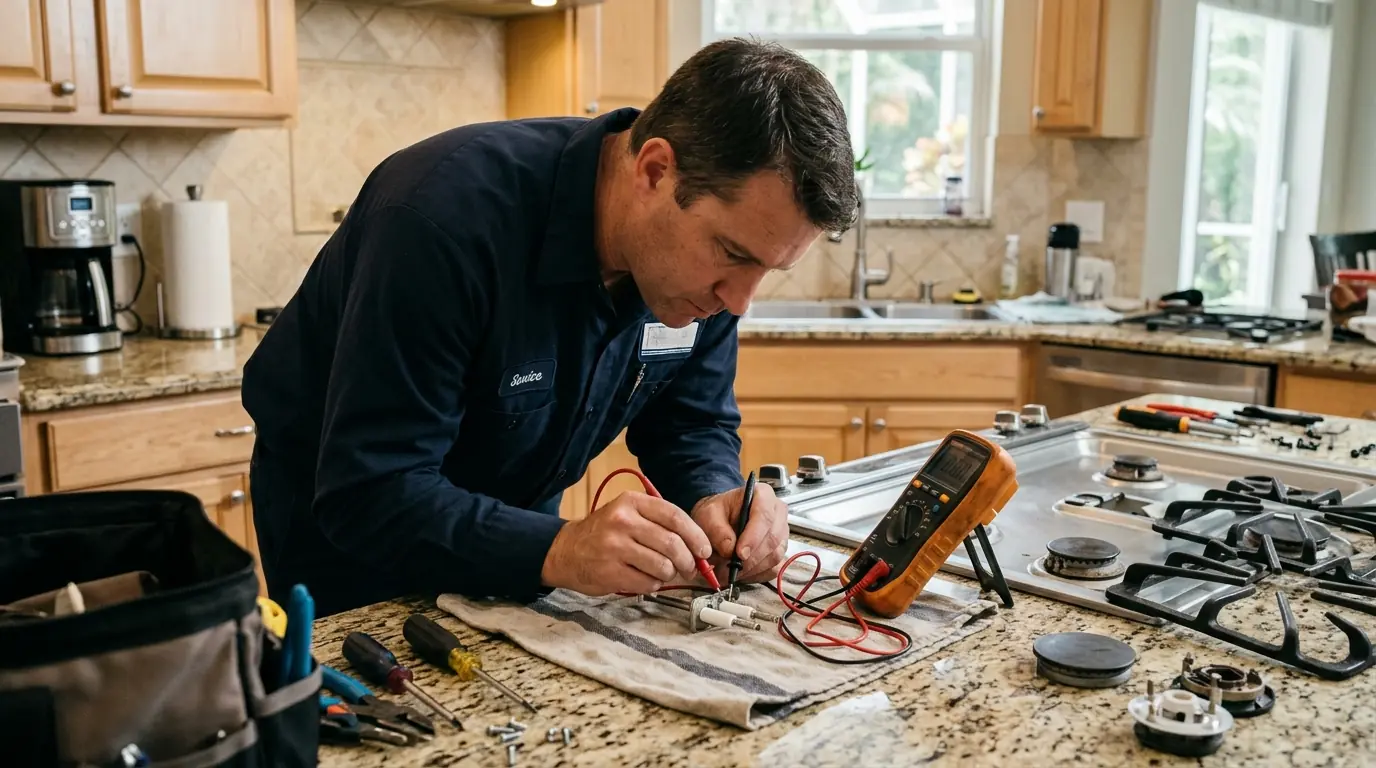 Technician testing a gas range igniter