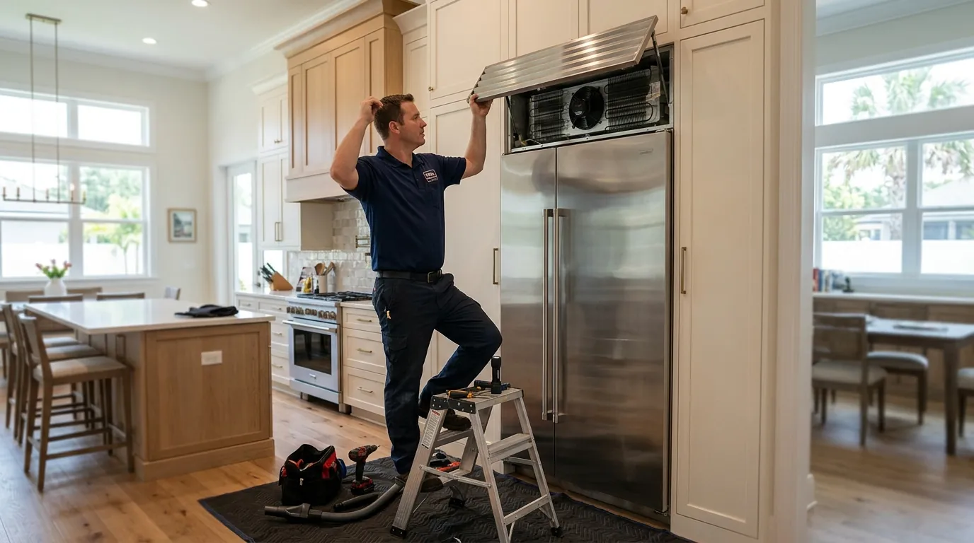 Built-in column refrigerator condenser being cleaned in a Jacksonville kitchen