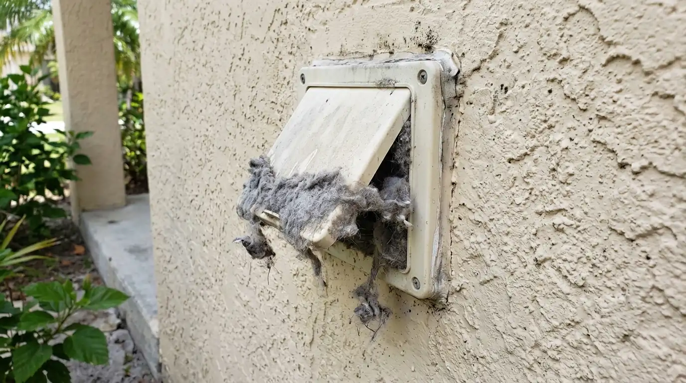 Lint caught at an exterior dryer vent hood