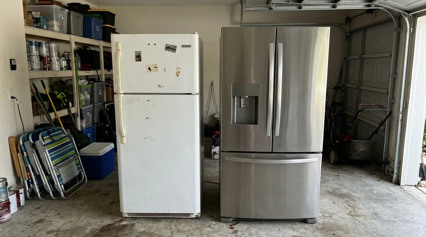 Older refrigerator beside a newer model in a garage