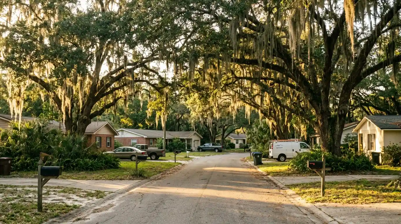 Tree-lined residential street in south Jacksonville