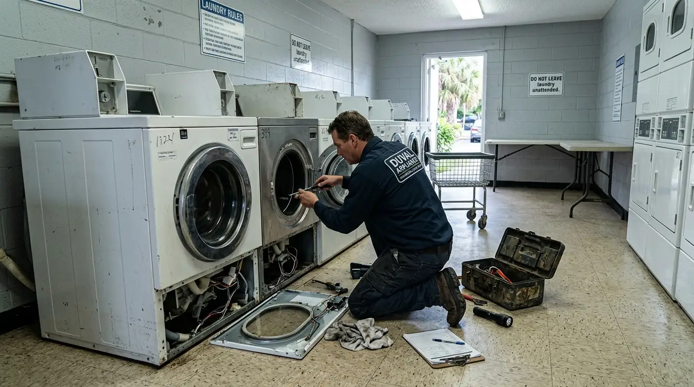 Coin laundry washers being serviced in a Jacksonville apartment laundry room