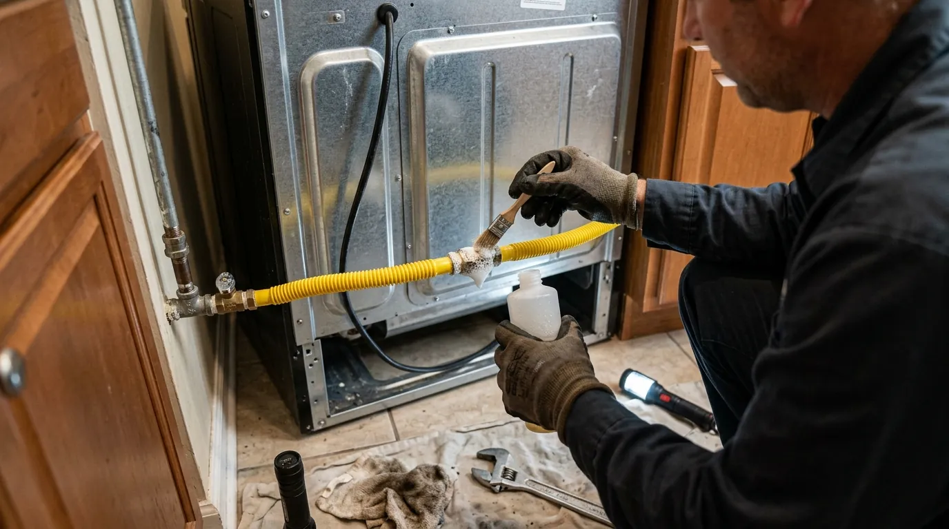 Gas connector being leak-tested behind a new range in Jacksonville