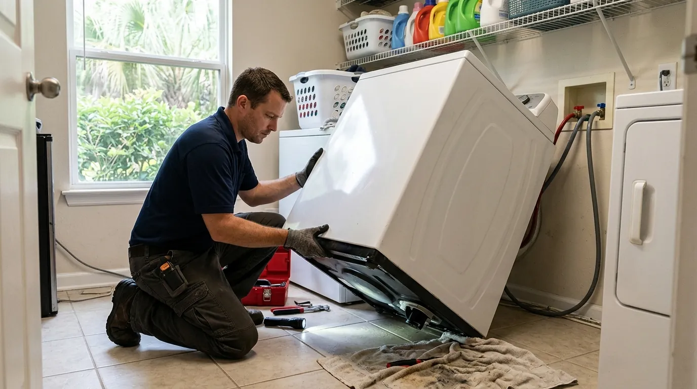 Technician servicing a top-load washer drain pump