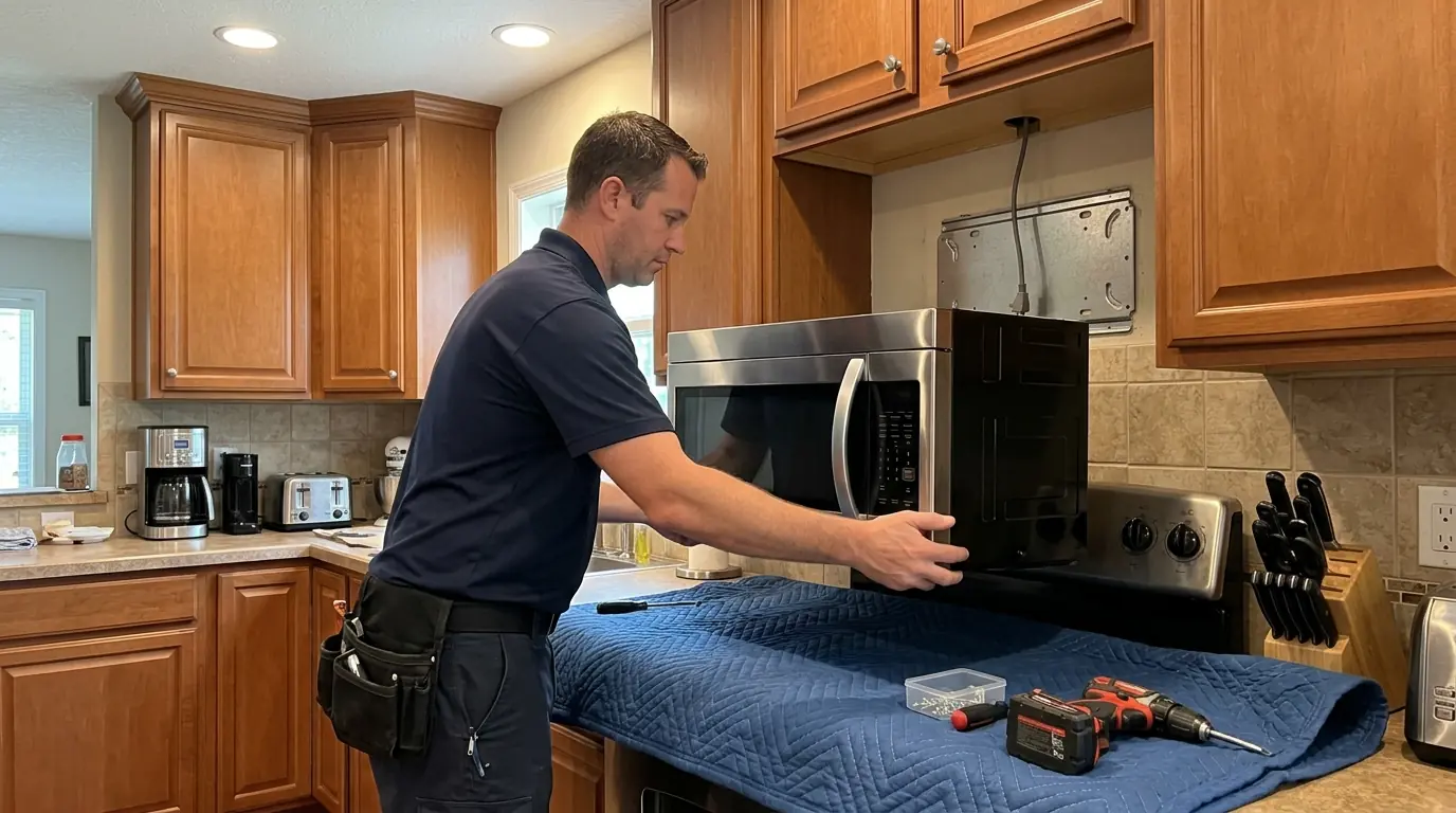 Over-the-range microwave being removed for repair in Jacksonville