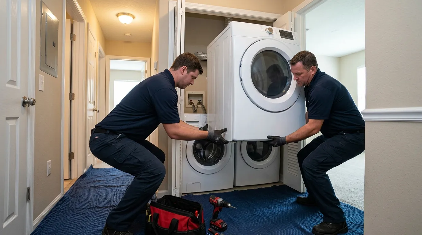 Technicians separating a stacked washer and dryer in a Jacksonville closet