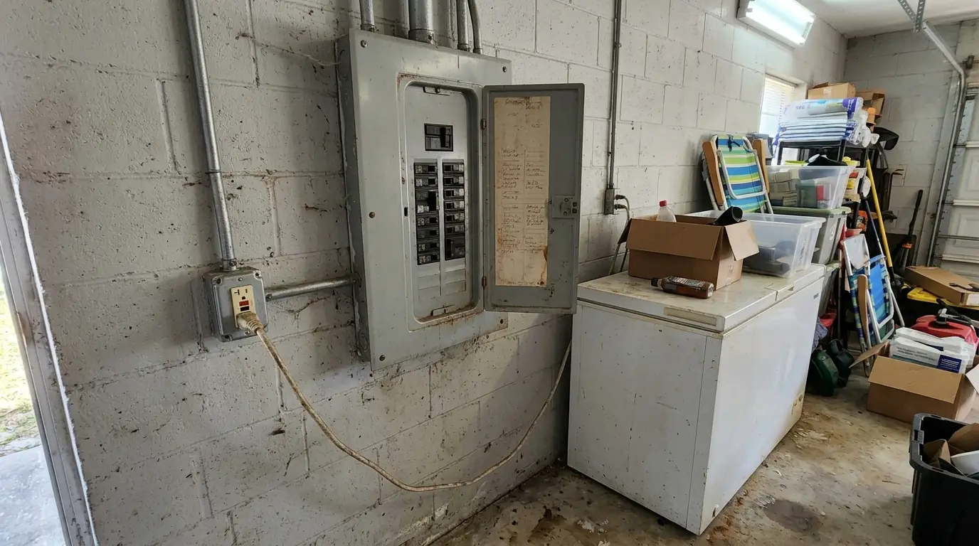 Tripped breaker and GFCI outlet near a garage freezer