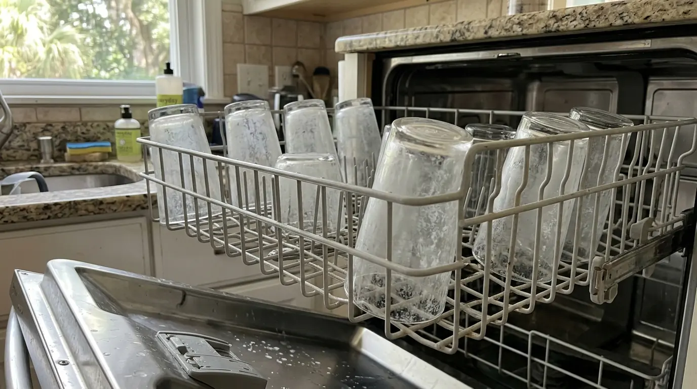 Hard water film on glasses in a dishwasher