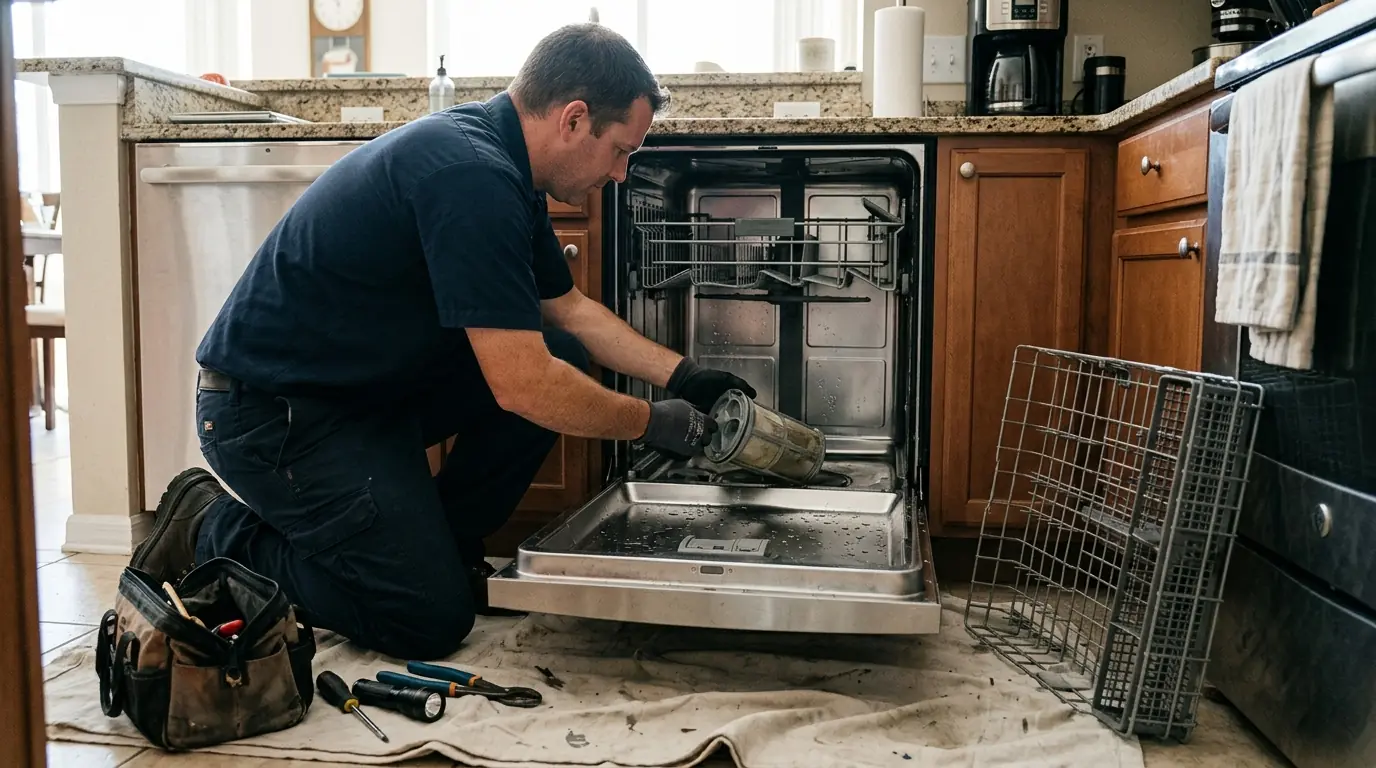 Dishwasher filter being cleaned during repair in Jacksonville