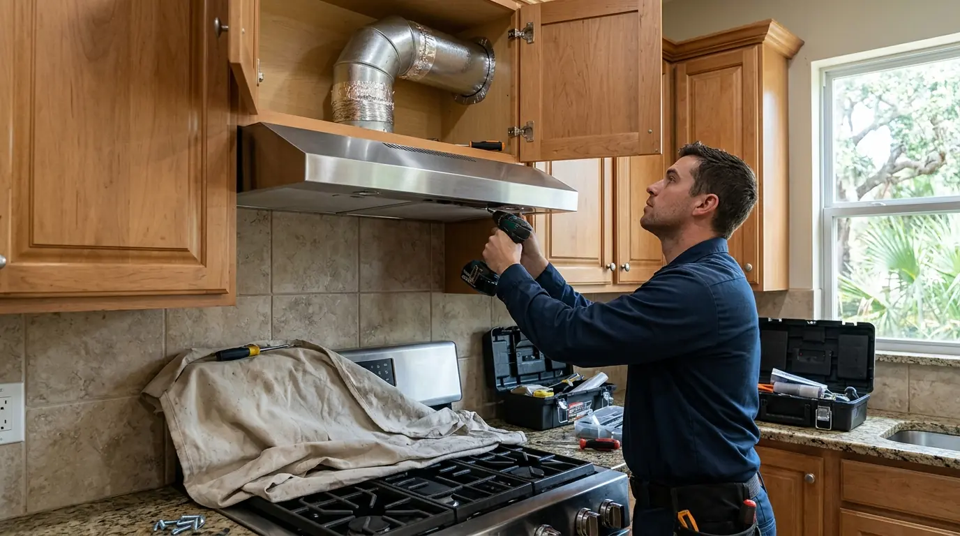 Under-cabinet range hood being installed in a Jacksonville kitchen