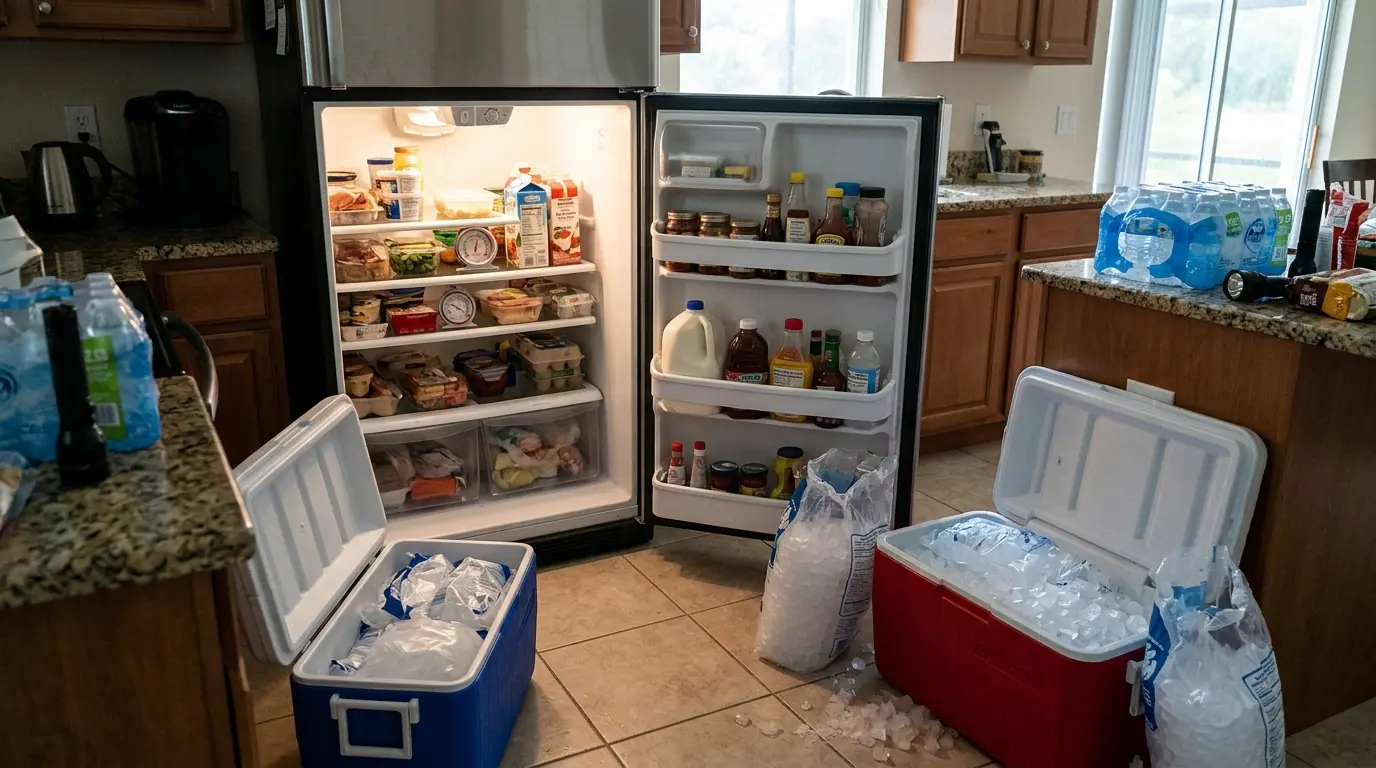 Refrigerator thermometer and coolers ready before a storm