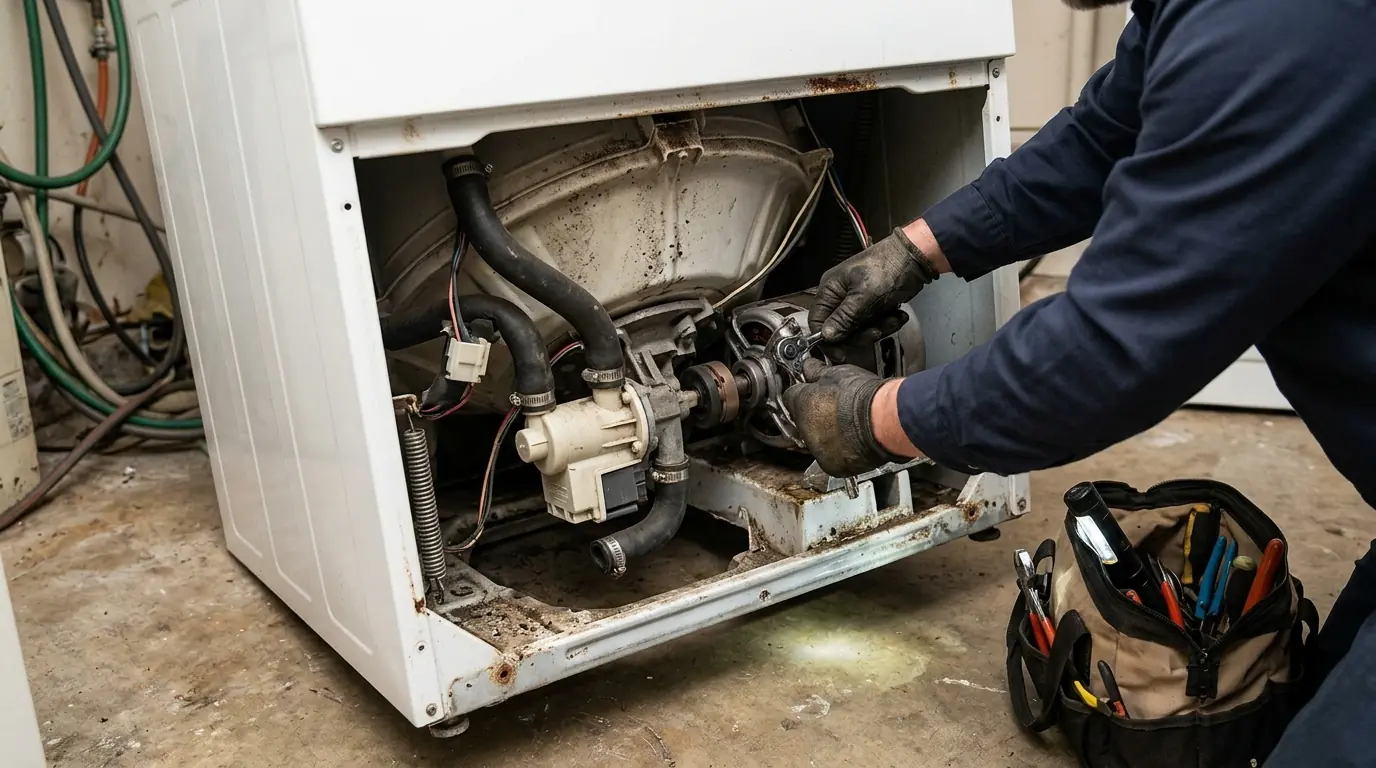 Top-load washer motor coupler and drain pump exposed for repair