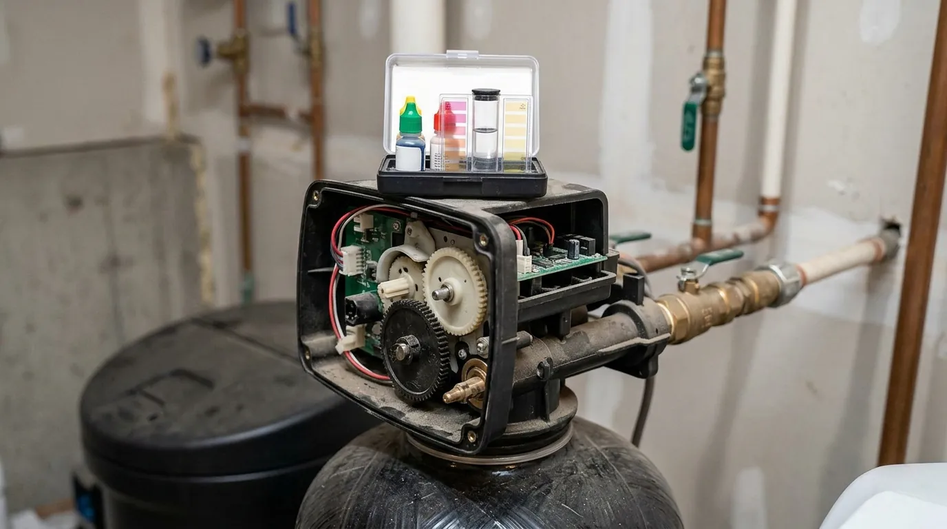 Water softener control valve opened for service with a hardness test kit
