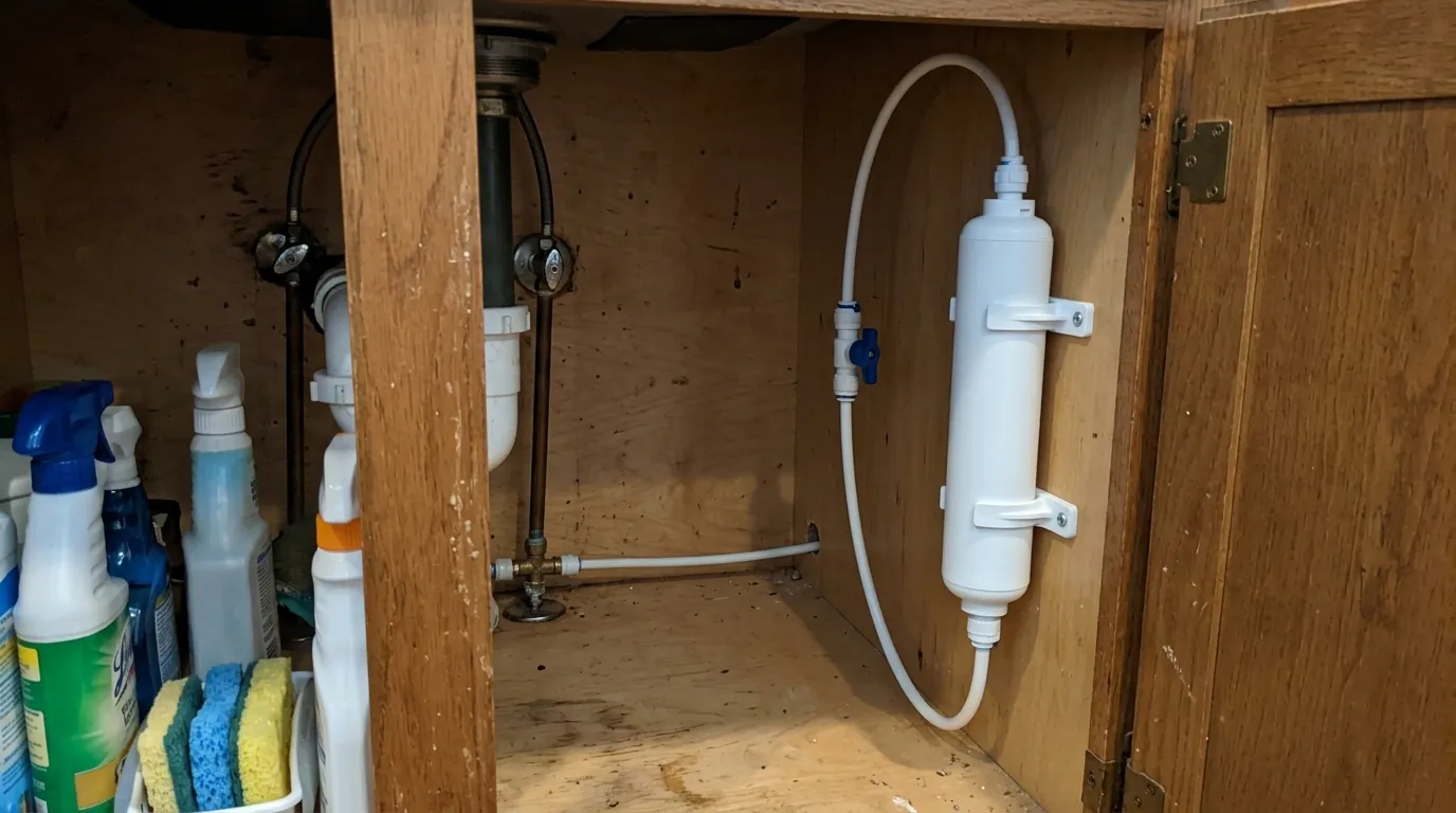 Shutoff valve and inline filter for a refrigerator water line