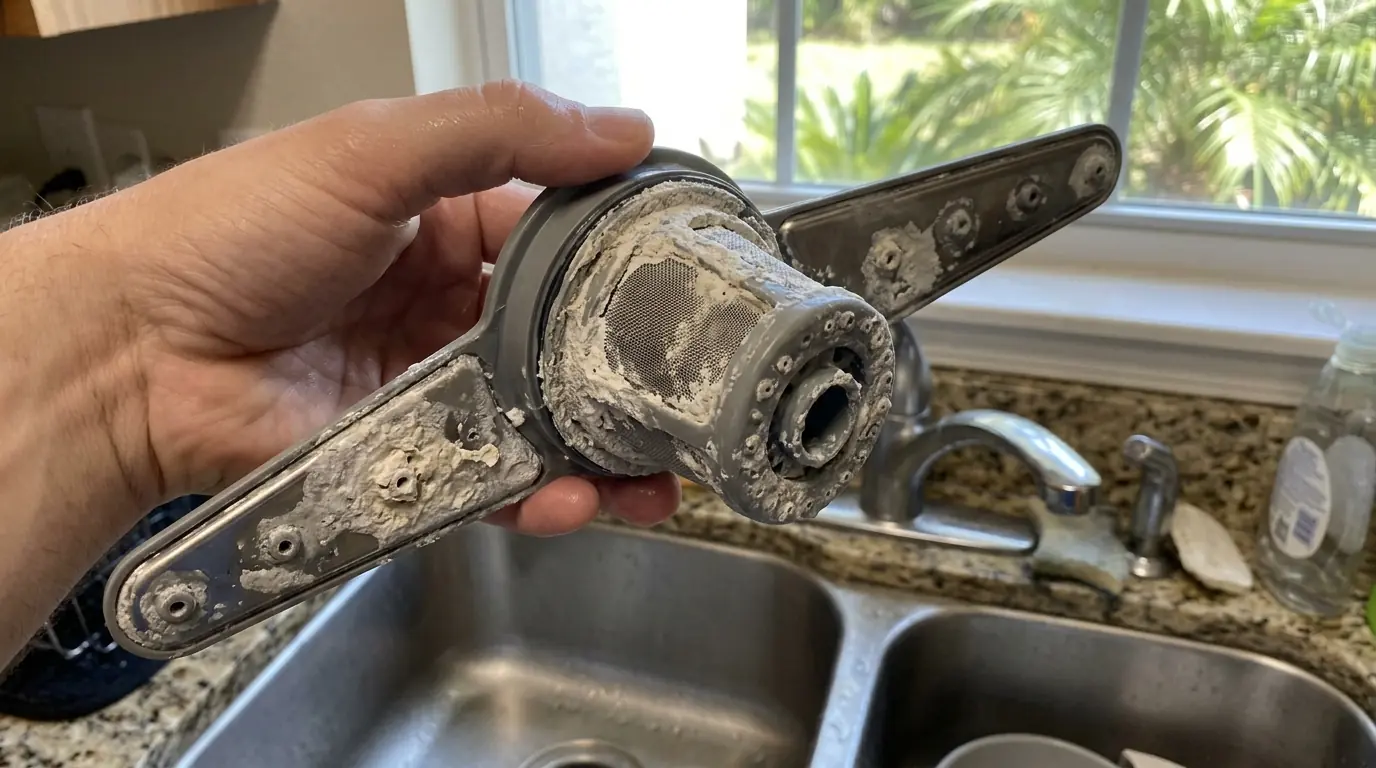 Mineral scale on a dishwasher spray arm from Jacksonville hard water