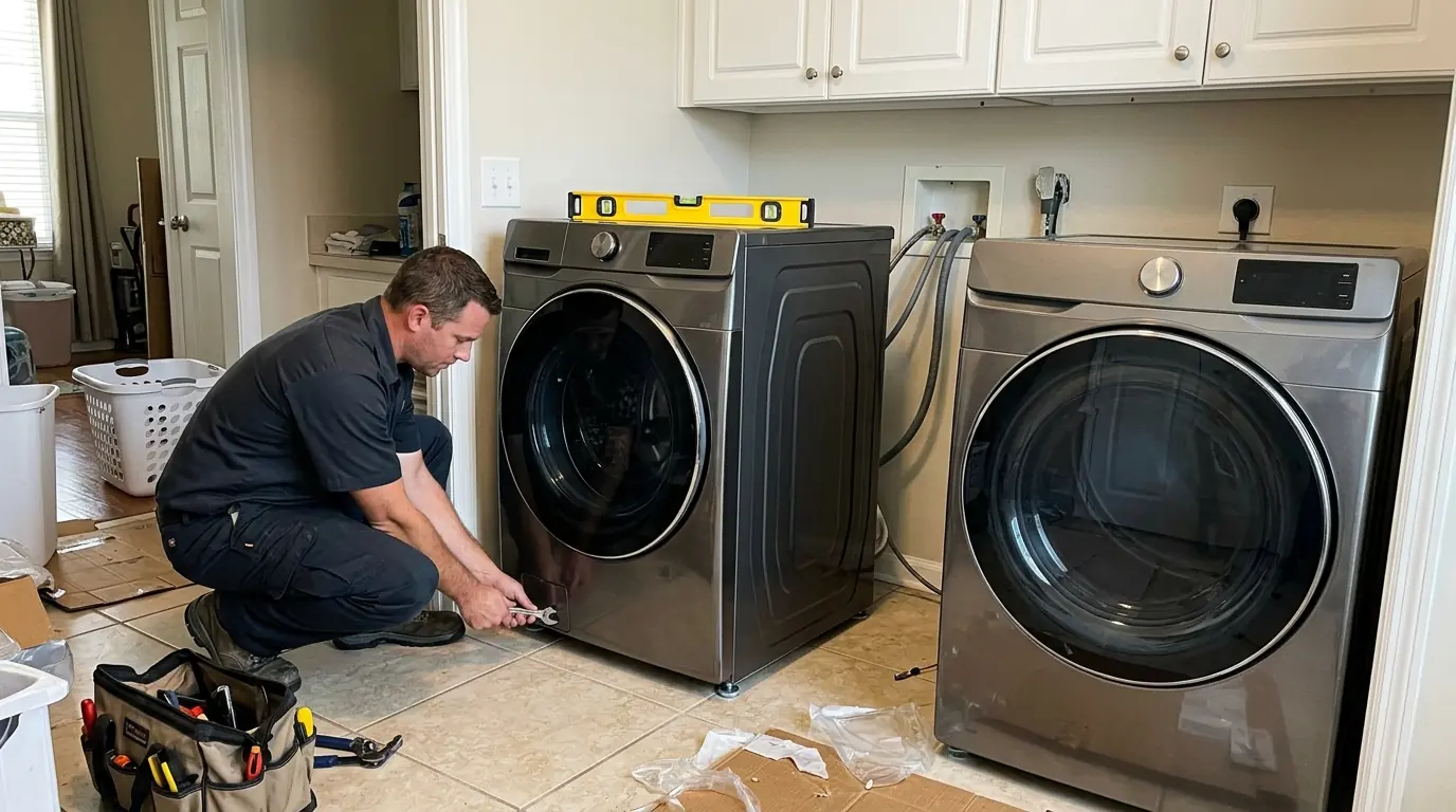 New front-load washer being leveled during installation in Jacksonville