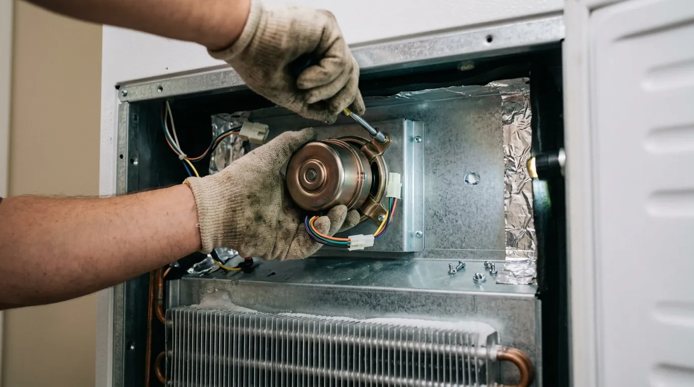 New evaporator fan motor installed behind a freezer panel