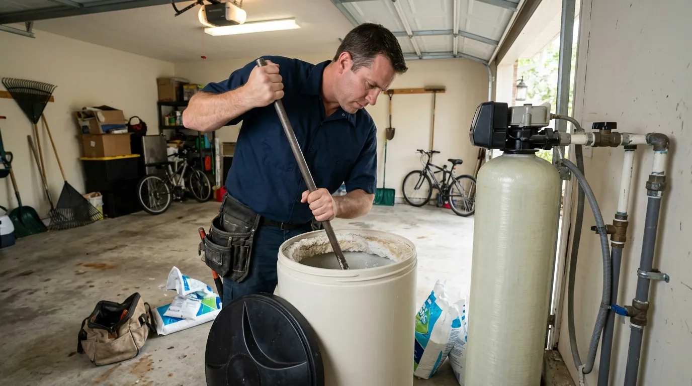 Salt bridge being cleared in a water softener brine tank